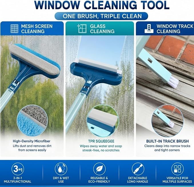 Window Screen Cleaner Brush, 3-in-1 Mesh Screen Cleaning Brush with Squeegee and Detachable Long Handle, Professional Soot and Dust Remover for Window, Patio, Door, Multi-Purpose Home Cleaning Kit