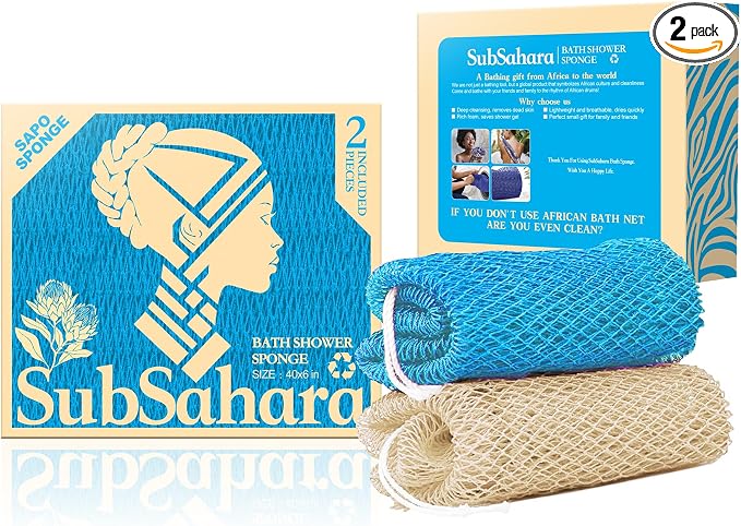 SubSahara Authentic African Net Sponge - 2 Pack Exfoliating Bath & Shower Loofah Sponge for Body & Face, Gentle Scrubber for All Skin Types, Travel, Durable (Linen & Sky Blue)