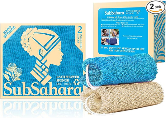 SubSahara Authentic African Net Sponge - 2 Pack Exfoliating Bath & Shower Loofah Sponge for Body & Face, Gentle Scrubber for All Skin Types, Travel, Durable (Linen & Sky Blue)