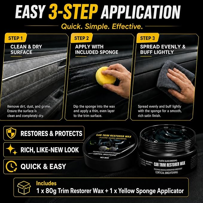 Plastic Restorer for Cars, Black Restoration for Interior & Exterior, 80g | Restore faded black plastic, trim, rubber, vinyl and dashboard with UV protection, ceramic coating and water-resistant care