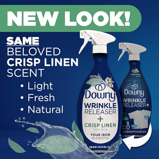 Downy Wrinkle Releaser Spray | All In One Wrinkle Release Spray, Odor Eliminator, Static Remover | Fabric Refresher & Ironing Aid for Clothes | 16.9 Fl Oz (Pack of 2) & 3 FL Oz, Crisp Linen Scent