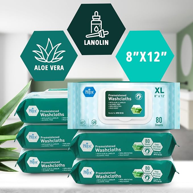 MED PRIDE XL Premoistened Adult Washcloths 8x12 in with Aloe Vera,480 Count