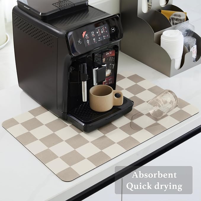 Ohocut Checkered Dish Drying Mat for Kitchen Counter, Coffee Bar Station Accessories, Retro Cute Aesthetic Modern Absorbent Drainer Mat Kitchen Drying Mat Easy Clean, Khaki 16" x 24"