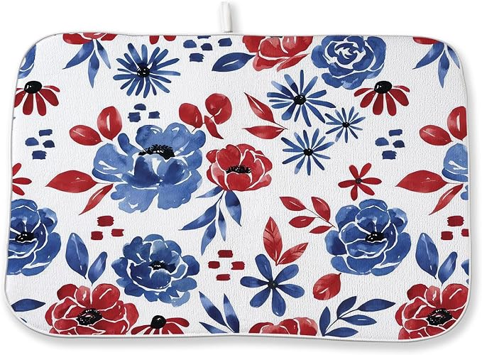 4th of July Dish Drying Mats 18x24 Inch Watercolor Floral Blue Red Flower Patriotic Drying Mats Summer Outdoor Independence Memorial Day Absorbent Drying Dish Mats for Kitchen Dining Room Decor