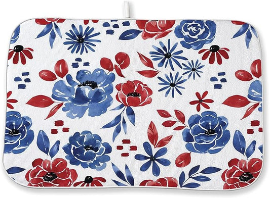 4th of July Dish Drying Mats 18x24 Inch Watercolor Floral Blue Red Flower Patriotic Drying Mats Summer Outdoor Independence Memorial Day Absorbent Drying Dish Mats for Kitchen Dining Room Decor