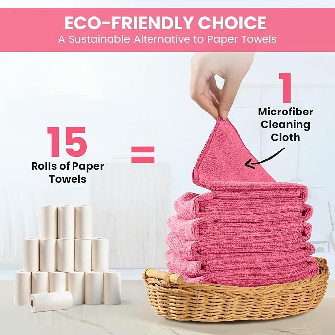 SIFANGKE Microfiber Cleaning Cloth, 12 Pack HotPink Cleaning Rags for Housekeeping, Reusable Microfiber Towels for Car, Kitchen, Bathroom and Household Cleaning Supplies, 11.8"X11.8"