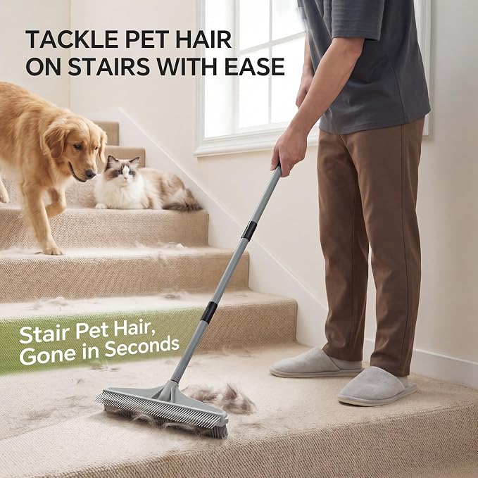 Walensee Carpet Brush for Pet Hair Removal, 2 in 1 Carpet Rake & Rubber Broom with Nylon Cleaning Brush, Adjustable Long Handle Rug Rake for Shag Carpet, Rugs, Stairs, Mats and Floors