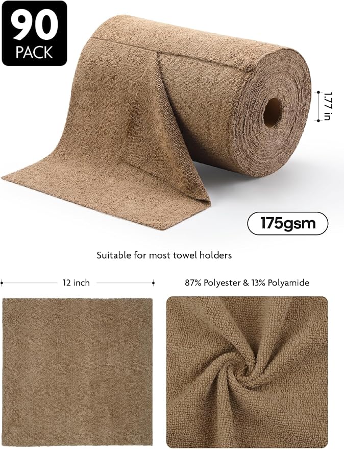 Fantasticlean Microfiber Cleaning Cloth Roll- 90 Sheets, 12" x 12" (Tan) | Super Absorbent, Lint-free, Tear-away Microfiber Towel Roll, for All-Purpose Cleaning