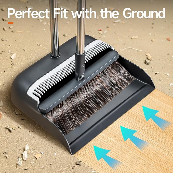 CTIME Broom and Dustpan Set, Adjustable with Dust Pan Teeth | 52" Long Handle Standing Dustpan Set , Extra Brush Head for Home Kitchen Office Lobby