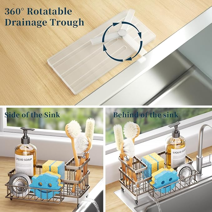 Consumest Sponge Holder for Kitchen Sink - Auto Draining Sink Caddy Organizer with Detachable Rack, High Brush Holder, Kitchen Countertop Storage Accessories, Sand Nickel