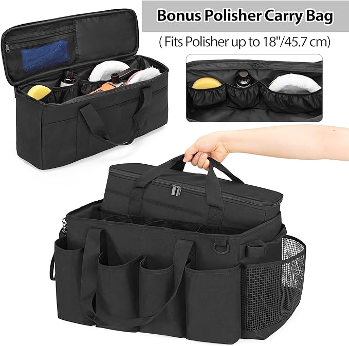 HODRANT Detailing Bag with Polisher Carry Bag for Buffer Bottle Towel | Large Detail Care Box for Auto Detailing Supplies, Car Wash Caddy & Trunk Organizer for Cleaning Kit, Black, Patent Design