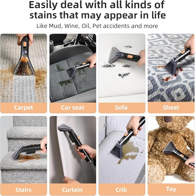 Slevoo 450W Portable Carpet Cleaner Machine with 1 Bottle Cleaning Solutions, Strong Suction Upholstery and Furniture Cleaner for Cleaning Stairs, Car Interiors, for Pet Footprint, Dust, Oil (Orange)
