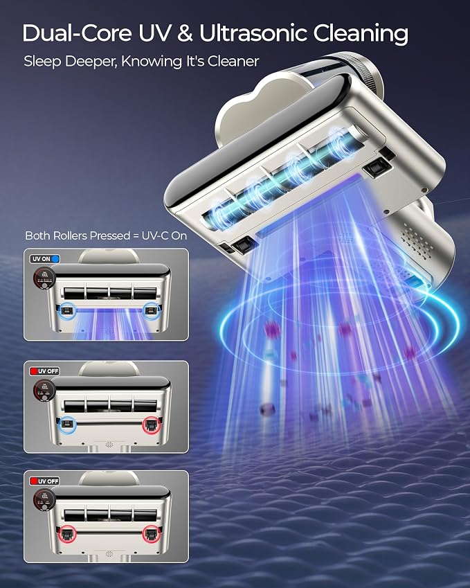 Teant Cordless Mattress Bed Vacuum, 18kPa Suction & LED Display, Model MV01 | Cordless 2-Speed Bed Vacuum, 33000RPM Roller Brush, 253.7nm UV-C, Ultrasonic, HEPA, 149°F Heat, Aroma, Anion for Bed Sofa