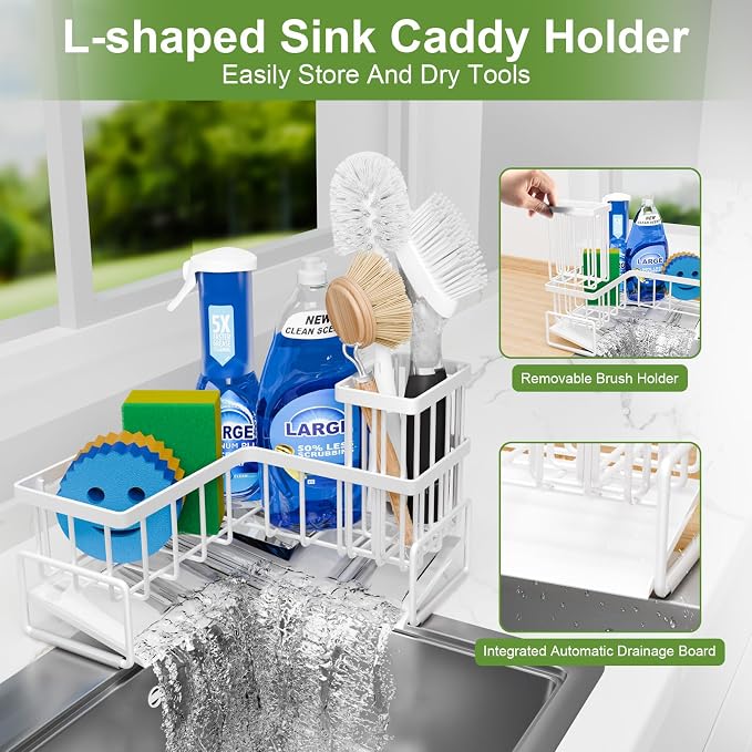 Fikoksol Large Sponge Holder for Kitchen Sink, 90-Degree Sink Caddy Organizer with Dish Brush Holder for Countertop Corner Storage Rack, White Metal L Kitchen Sink Sponge Soap Organizer Storage Ideas