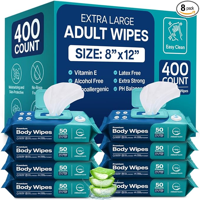 Body Wipes for Adults Bathing No Rinse - Adult Wipes for Elderly 8"x 12"(400 count) Shower for Adults No Rinse, Incontinence Disposable Washcloths, Aloe Vera, Vitamin E