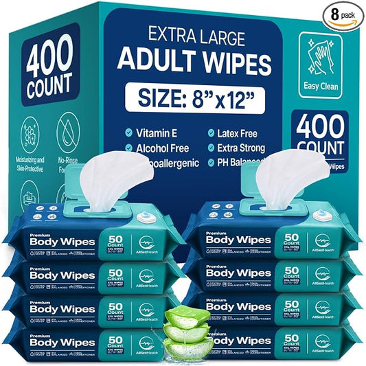 Body Wipes for Adults Bathing No Rinse - Adult Wipes for Elderly 8"x 12"(400 count) Shower for Adults No Rinse, Incontinence Disposable Washcloths, Aloe Vera, Vitamin E
