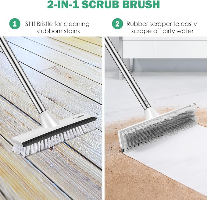 SetSail Floor Scrub Brush, 51-Inch Adjustable Long Handle Brush,Black White | 2 in 1 Scrape Brush Stiff Bristle Floor Scrubber for Cleaning Shower Bathroom Garage Kitchen Wall Deck Tub Tile