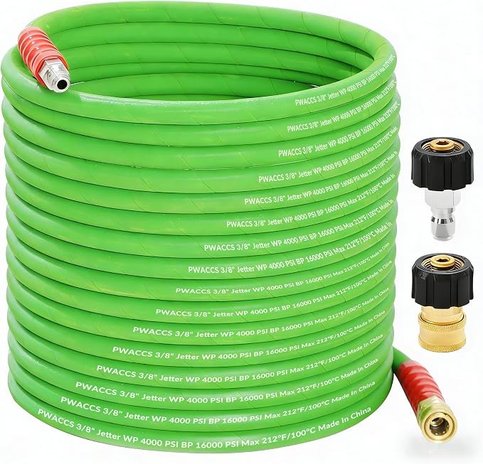 PWACCS Pressure Washer Hose 50 FT, 3/8" Kink Resistant Steel Braided Hoses | Power Washer Hose, Quick Connect with M22 14 Fittings, Cold/Hot Water, 4000 PSI