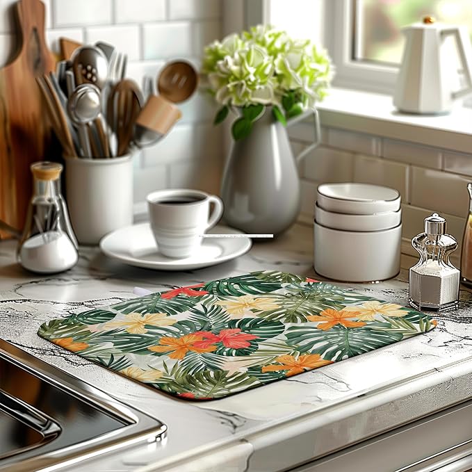 Tropical Leaves Flower Drying Mat for Kitchen Counter Summer Palm Leaf Drying Dish Mat Watercolor Herbs Dishes Pad Absorbent Fast Dry Kitchen Accessories 16x18 Inch