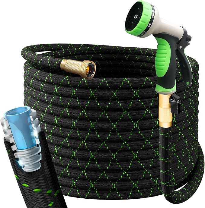PowerFlow Garden Hose, NON-EXPANDABLE 25 Feet Premium Quality Stainless Steel Metal Water Hose with Durable Fabric Skin, Hose For Commercial, Residential Use, Bonus 10-way Spray Nozzle (25 Ft, Black)