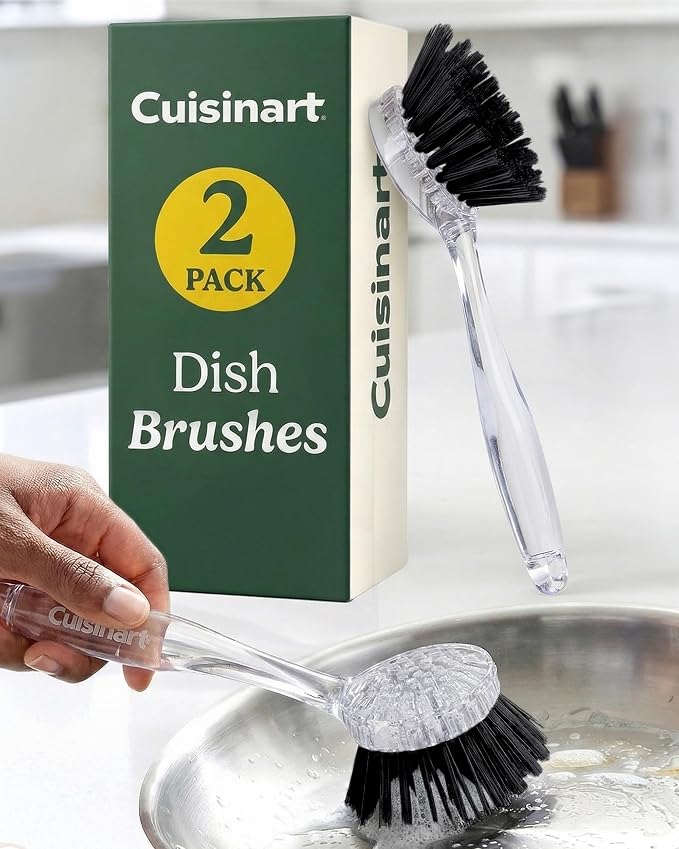Cuisinart Dish Brush with Handle, 2 Pack, Firm Bristles | Multi-purpose dish scrubber for plates, pots, and pans, deep cleaning removes grease, safe for nonstick, round head