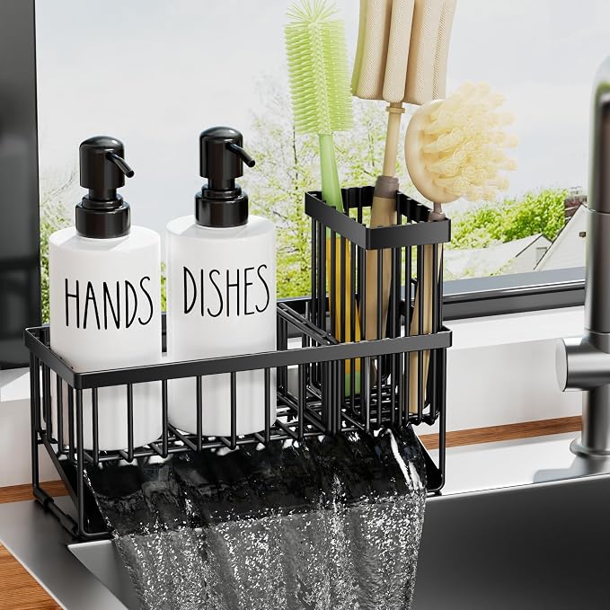 MASADI Kitchen Dish Soap Dispenser Set with Sponge Holder, 12OZ Glass Bottle, Hand and Dish Soap Dispenser Set, Non-Slip Silicone Pad, Brush Holder, Kitchen Sink Organizer Countertop (Black+White)