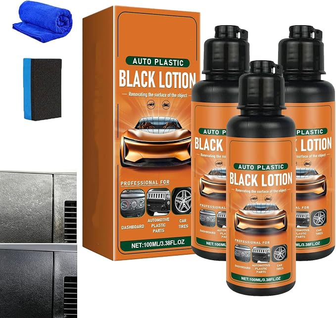 Auto Plastic Restorer Kit, Plastic Restorer for Cars, 100ml Car Interior Care Restorer Kit with Sponges, Auto Plastic Black Lotion, Restores The Original Color and Shine of Automotive Plastics (3PC)