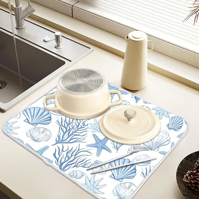 Nautical Coastal Dish Drying Mat for Kitchen Counter Absorbent Microfiber Large Summer Ocean Themed Seashell Coral Starfish Drying Pad Dish Mats for Kitchen Countertops 18 x 24 Inch