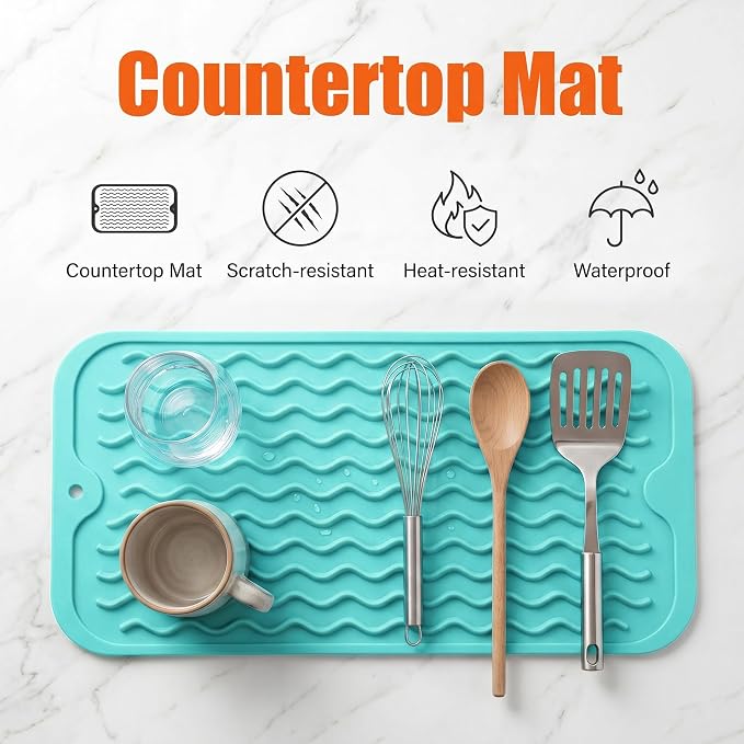 MicoYang Silicone Dish Drying Mat for Multiple Usage,Easy clean,Eco-friendly,Heat-resistant Silicone Mat for Kitchen Counter or Sink,Refrigerator or Drawer Liner Mint S 12 inches x 6 inches