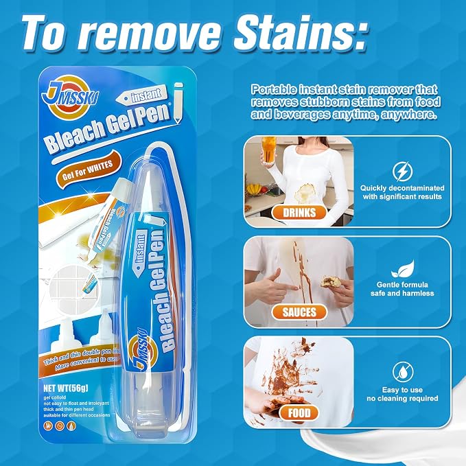 Bleach Pen for Clothes & Grout, 4 in 1 Dual-Tip Stain Remover Gel Pen with Precision Tip & Brush Head, Portable Travel-Size Cleaner for White Laundry, Bathroom Tile Lines, Mold & Mildew, Lemon Scent