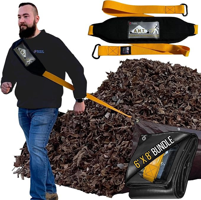 Leaf Collector Lawn Bundle - Padded Tarp Strap + Heavy Duty 6x8 Waterproof Tarp for Leaf and Lawn Waste, Hunting Sled Deer Drag Strap, Snow Removal, for use with Blower, Yard Vacuum, Mulcher, Sweeper