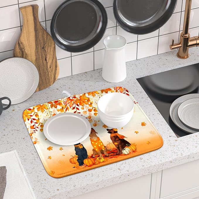 Giwawa Fall Dogs Dish Drying Mat Autumn Leaves Reusable Dishes Pad 16"x18" Holiday Microfiber Quick Dry Dish Drainer Rack Mat for Kitchen Counter