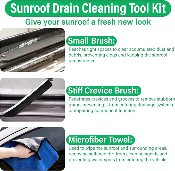 ecocstm Auto Sunroof Drain Cleaning Tool, 120 Inch Flexible Drain Brush | Sunroof Drain Cleaner with Pipe Cleaning Brush, Injector Hose and Crevice Brush, Cleaning Tool for Drains, Sewers, Windshield