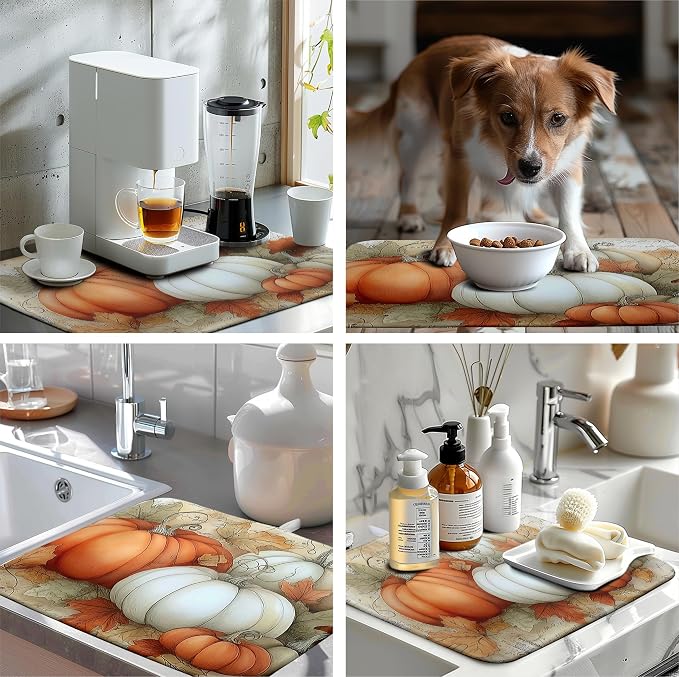 Fall Dish Drying Mats for Kitchen Counter Autumn Pumpkin Maple Leaf Vintage Drying Mats Thanksgiving Holiday Dishes Drainer Pad Microfiber Absorbent Reversible Dish Draining Mat 18x24 Inch