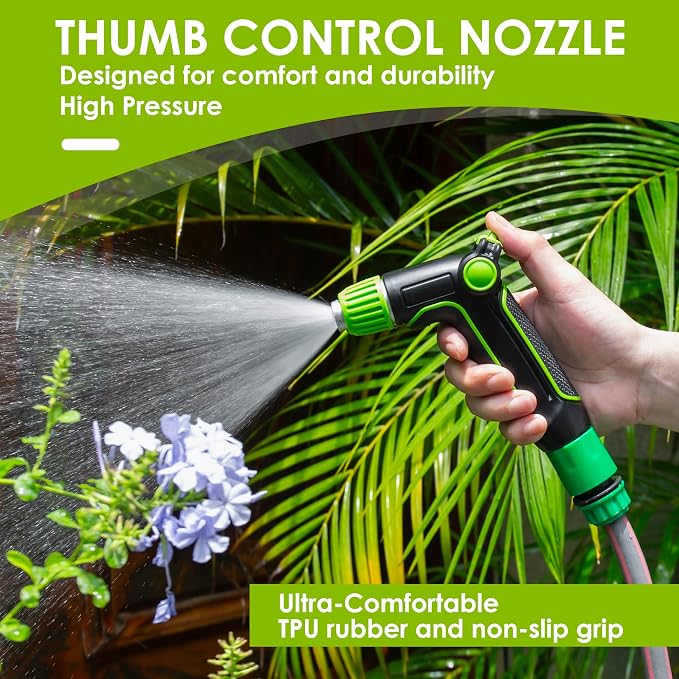 Garden Hose Nozzle with High Pressure, 100% Heavy Duty Metal High Pressure Hose Nozzle with 4 Spray Patterns, Thumb Control On Off Valve for Lawn， Plant Watering, Washing Car,Washing Pet and Home Use