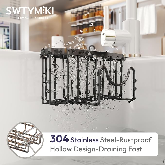 SWTYMIKI Sponge Holder for Kitchen Sink - Movable Kitchen Sink Caddy with M Shape Hook, Stainless Steel Hanging Sponges Caddy Organizer in Double Bowl Sinks Depth>3.15in, Middle Divider<1.5in, Black