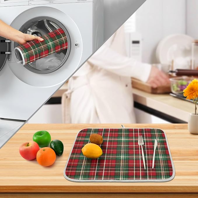 Christmas Red Green Buffalo Checkered Dish Drying Mat for Kitchen Counter Absorbent Microfiber Small Drying Pad Dish Mats for Kitchen Countertops 16 x 18 Inch