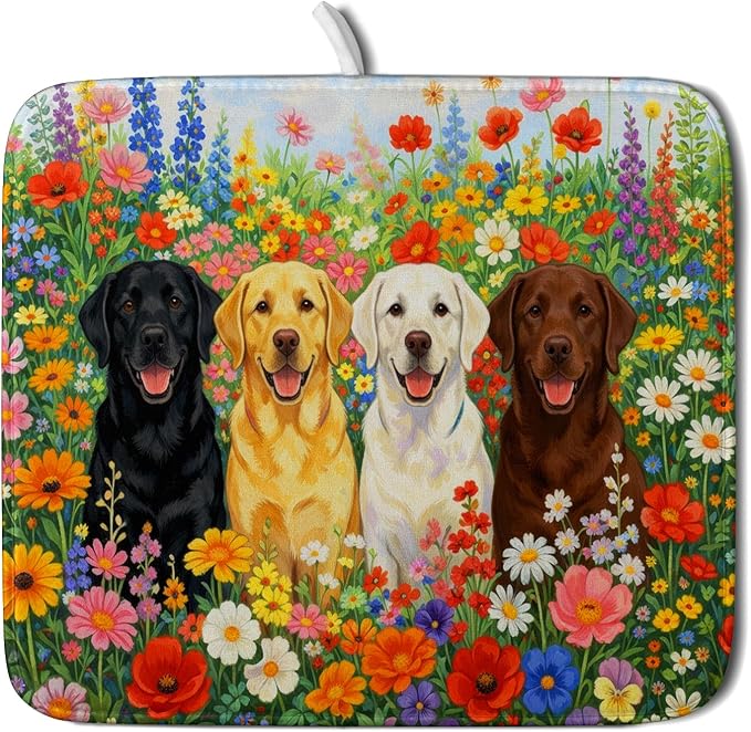 Flower Dog Dish Drying Mat Spring Floral Microfiber Absorbent Dish Drying Pad for Kitchen Counter