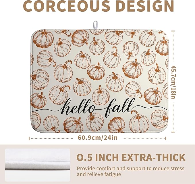 Hello Fall Dish Drying Mats Thanksgiving Pumpkin Dish Mat Autumn Drying Matt Dishes Dryer Pad for Kitchen Counter Absorbent Microfiber Washable Foldable Reusable 18x24 in