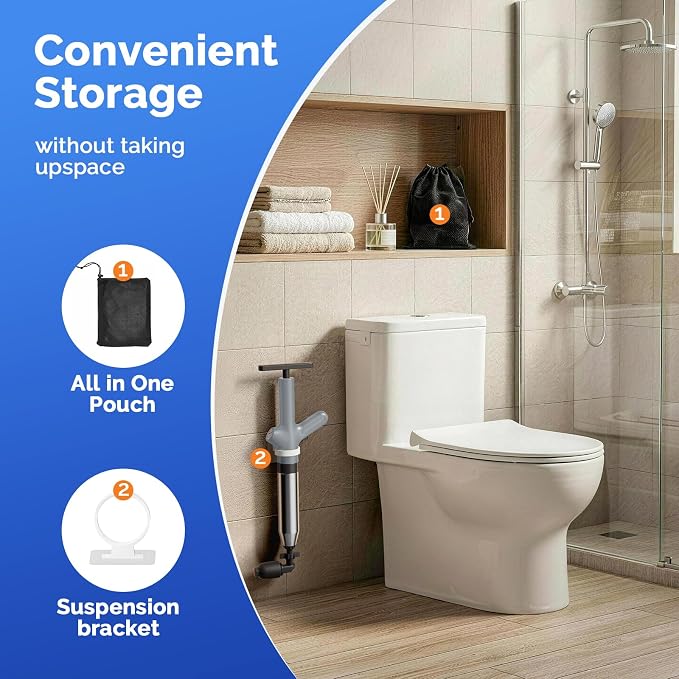 HAMITOR Toilet Plunger Drain Clog Remover: High Pressure Air Plunger & Heavy Duty Toilet Snake with Barometer for Bathroom,Sink - Unclogging Tool for Failed Traditional Plungers, Grey