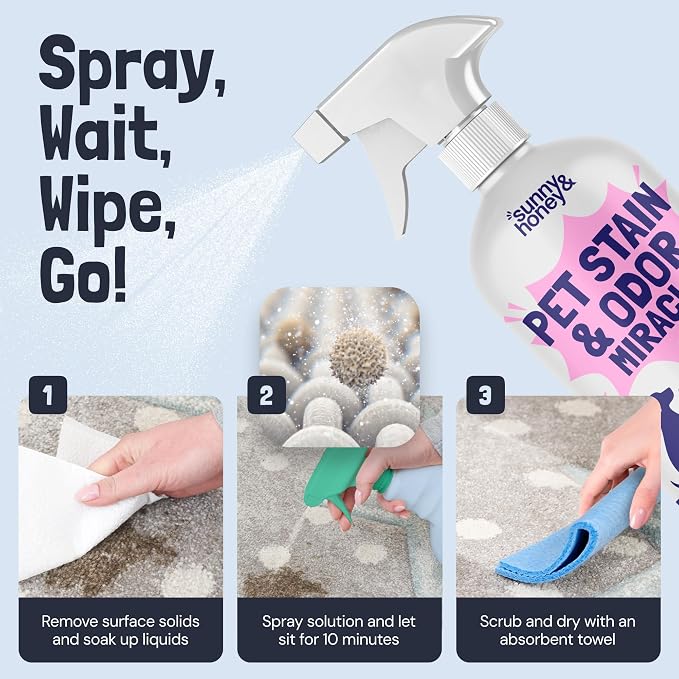 Sunny & Honey Pet Stain and Odor Remover Spray for Carpets, 32floz Lavender | USA Made - Enzyme Cleaner for Dog Urine & Poop - Eliminates Set In Stains - Color Safe - For Rugs, Furniture & Car Seats