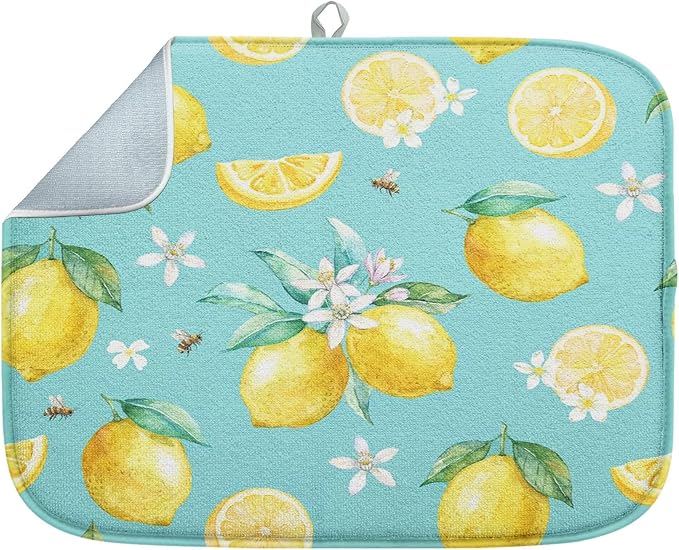 Sanwarm Absorbent Dish Drying Mat, Watercolor Lemons Yellow Fruit Lime Microfiber Pad for Kitchen Counter, Coffee Bar Decor, Heat Resistant and Reversible, 16" x 18"