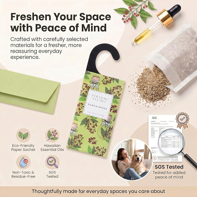 Large 12 Packs Sandalwood Hanging Scented Sachets Long-Lasting Closet Deodorizer Air Freshener Fabric Refresher Odor Eliminator for Drawer Home Fragrance Gift Set