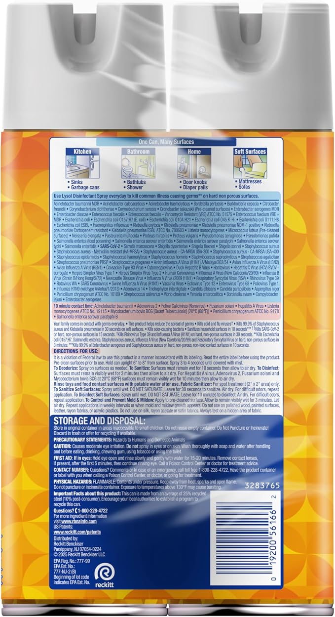 Lysol Disinfectant Spray, Household Cleaning Supplies, Disinfecting Multi-Purpose Room Spray, Antibacterial Sanitizer, Deodorizer, Kills Hantavirus, Mango & Hibiscus, 19 Fl Oz (Pack of 2)
