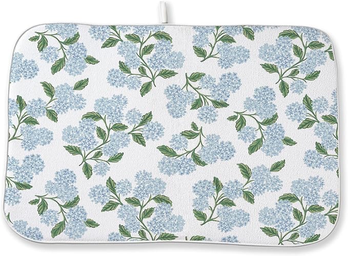 Blue Green Dish Drying Mat 18x24 Inch Vintage Floral Hydrangea Flower Drying Mat Spring Summer Absorbent Dish Drying Pad Dish Rack Drainer Mats for Kitchen Dining Counter