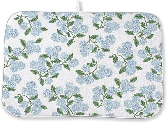 Blue Green Dish Drying Mat 18x24 Inch Vintage Floral Hydrangea Flower Drying Mat Spring Summer Absorbent Dish Drying Pad Dish Rack Drainer Mats for Kitchen Dining Counter
