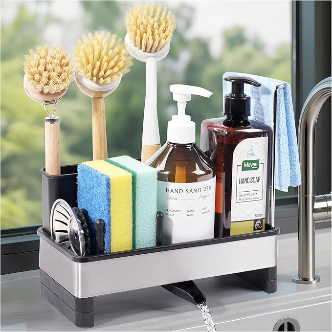 Sponge Holder for Kitchen Sink Caddy Organizer, Dish Brush Holder | Stainless Steel Sponge Caddy for Kitchen Countertop Organizer, Rustproof Dish Soap and Sponge Rack with Dishcloth Drying Rack