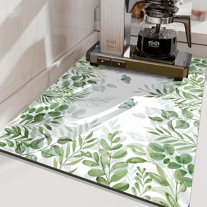 LOKHOM Dish Drying Mat for Kitchen Counter, 18"x24" Absorbent Mat with Green Plant & Butterfly Pattern, Drain Rack Mat for Counter Coffee Maker, Dining Room Decor