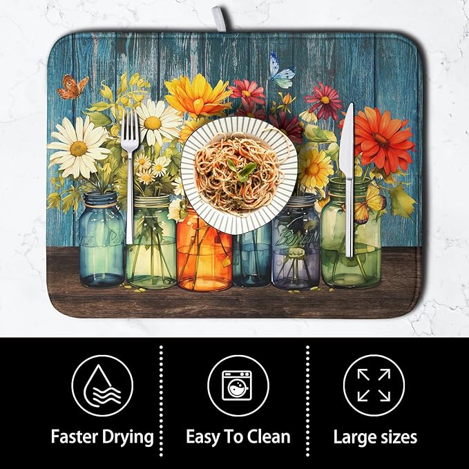 Daisy Dish Drying Mat for Kitchen Counter 16x18 Inch Rustic Vintage Flower Vases Drying Mats Microfiber Absorbent Dishes Drainer Mats Farmhouse Floral Wooden Board Dish Rack Pad
