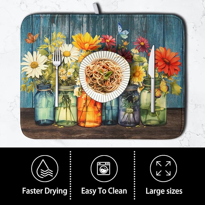 Daisy Dish Drying Mat for Kitchen Counter 18x24 Inch Rustic Vintage Flower Vases Drying Mats Microfiber Absorbent Dishes Drainer Mats Farmhouse Floral Wooden Board Dish Rack Pad